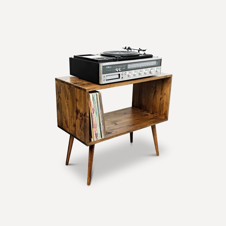 Mid Century Modern Record Player Stand with Vinyl Storage | Handmade Solid Wood Turntable Console | | AmazPromo