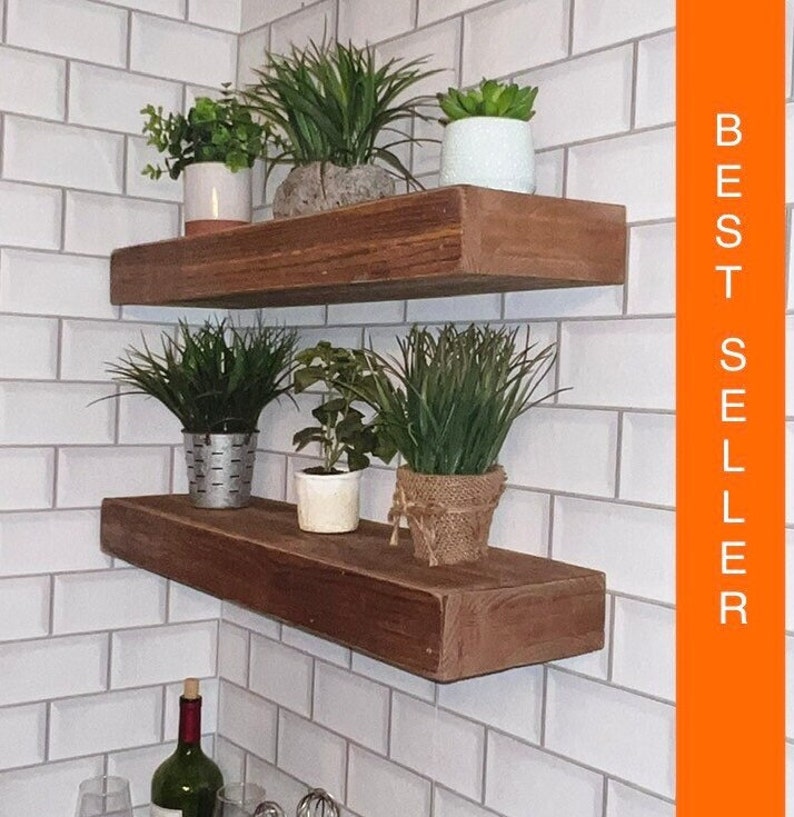 Rustic Floating Shelf Solid Reclaimed Wood | Farmhouse Wall Shelf with Easy Mount | AmazPromo