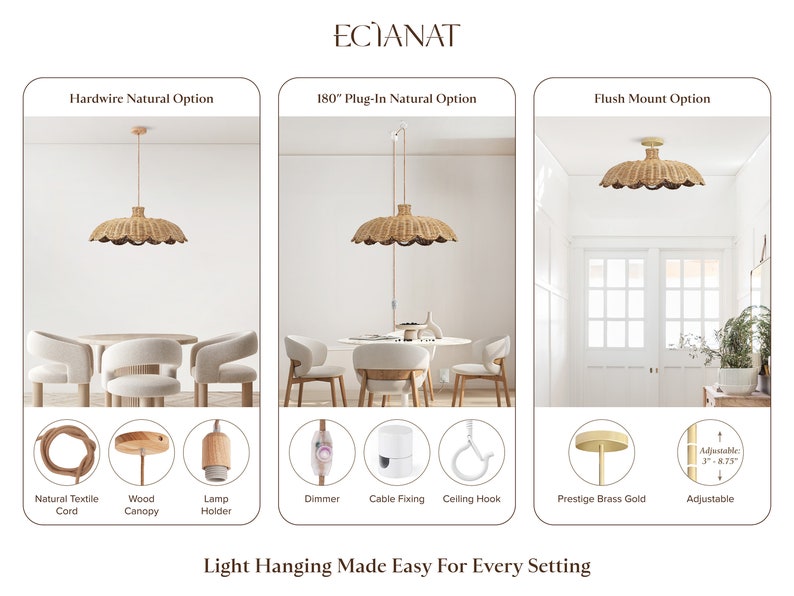 Boho Rattan Pendant Light – Handmade Bamboo Woven Hanging Lampshade for Dining Room, Bedroom & Kitch extra image