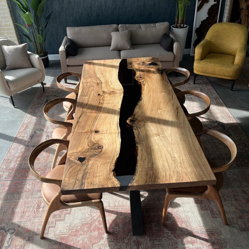 Luxury Custom Walnut Epoxy Dining Table – Handmade Resin River Table, Modern Black Walnut Wood Dinin | AmazPromo