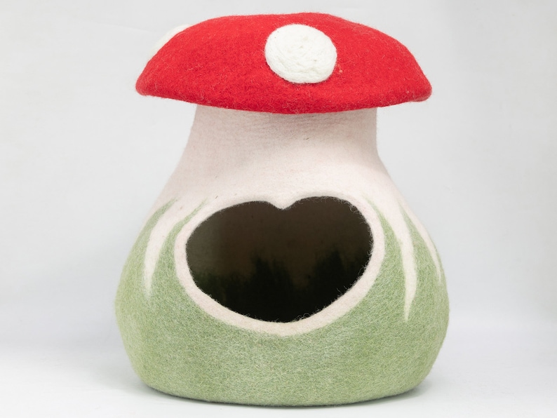 Handmade Wool Felt Mushroom Cat Cave Bed – Cozy Felt Cat House, Eco-Friendly Kitty Hideout | AmazPromo