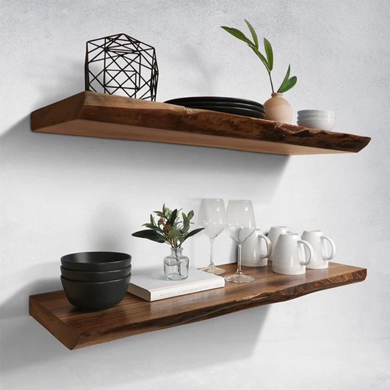Premium Live Edge Walnut Floating Shelf – Heavy Duty Rustic Wall Shelf for Kitchen, Books, and Home | AmazPromo