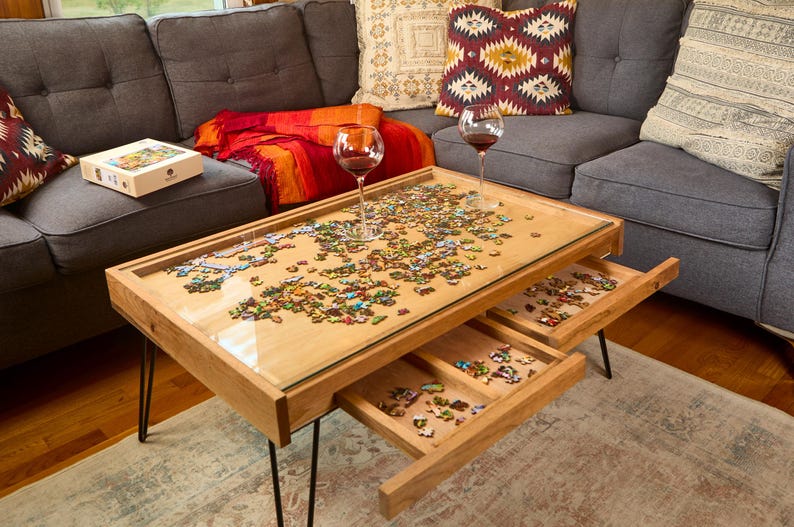 Rustic Puzzle Coffee Table with Removable Glass Top & Hidden Drawers – Handmade in the USA by Charle | AmazPromo
