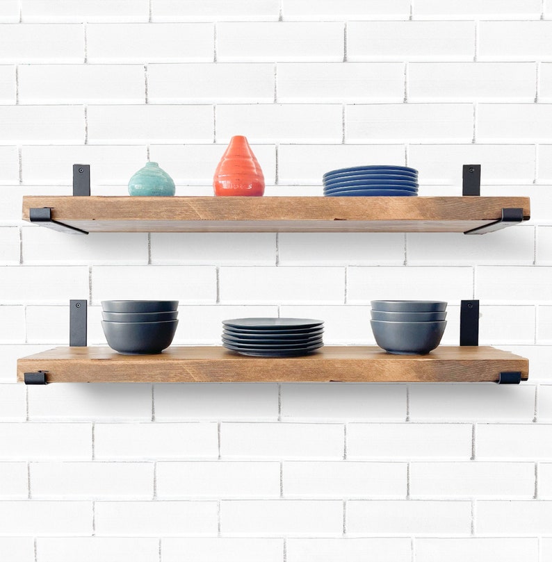 Rustic Wood Floating Shelves with Heavy Duty J-Brackets | Farmhouse Kitchen Shelf | Handmade Pine | AmazPromo