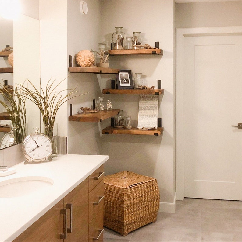 Rustic Wood Floating Shelves with Heavy Duty J-Brackets | Farmhouse Kitchen Shelf | Handmade Pine | AmazPromo