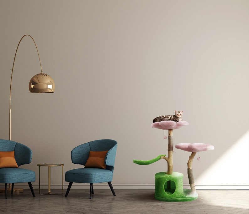 Luxury Wooden Cat Tree Tower XL – Modern Floral Cat Furniture, Designer Cat Condo for Large Cats | AmazPromo