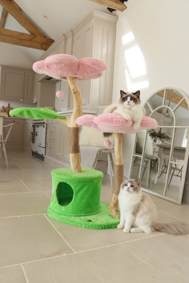 Luxury Wooden Cat Tree Tower XL – Modern Floral Cat Furniture, Designer Cat Condo for Large Cats | AmazPromo