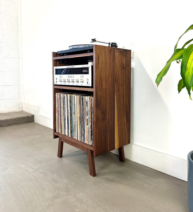 Solid Wood Record Player Stand with Vinyl Storage – Handmade Mid Century Modern Record Console | AmazPromo