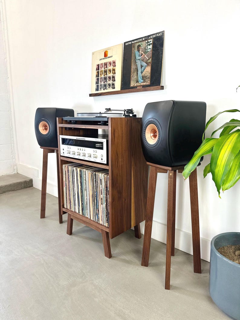 Solid Wood Record Player Stand with Vinyl Storage – Handmade Mid Century Modern Record Console | AmazPromo