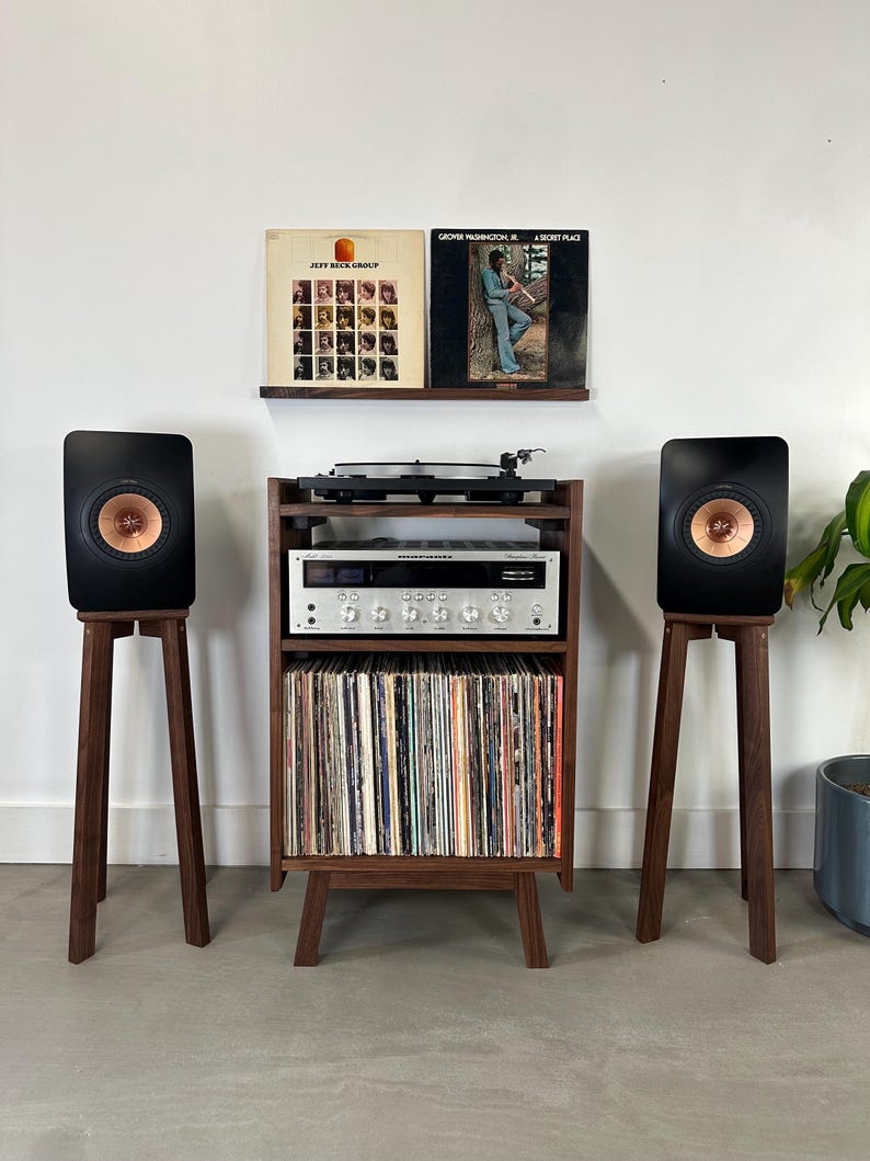 Solid Wood Record Player Stand with Vinyl Storage – Handmade Mid Century Modern Record Console | AmazPromo