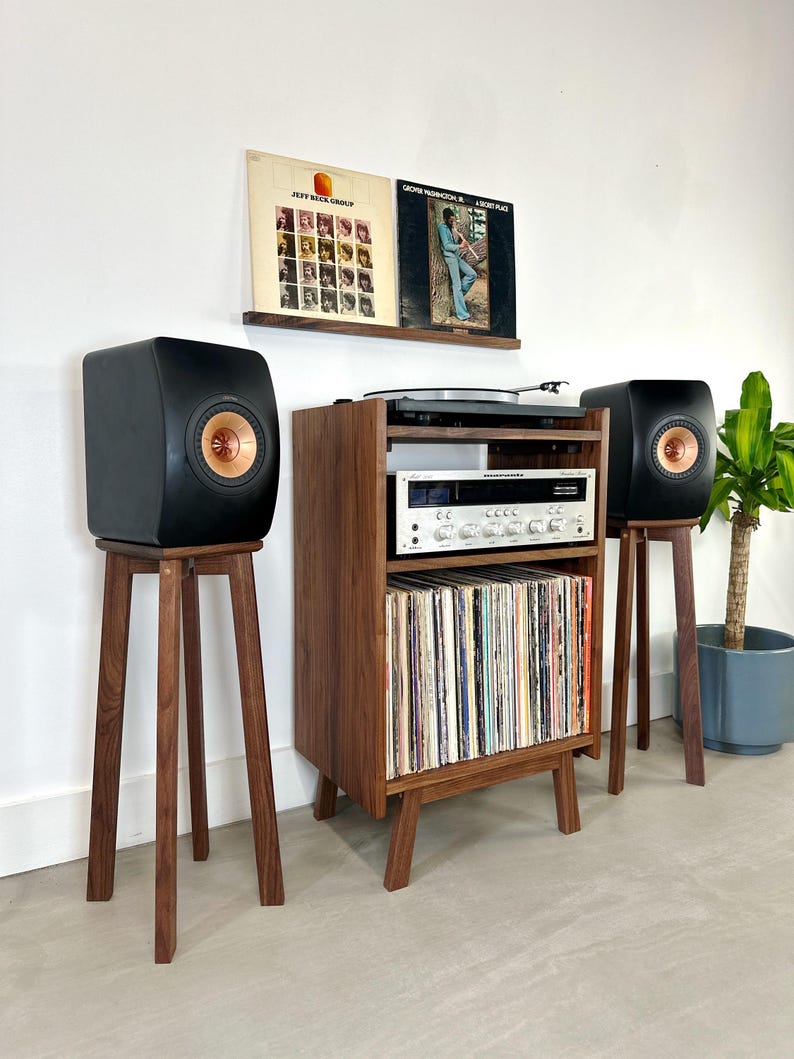 Solid Wood Record Player Stand with Vinyl Storage – Handmade Mid Century Modern Record Console extra image