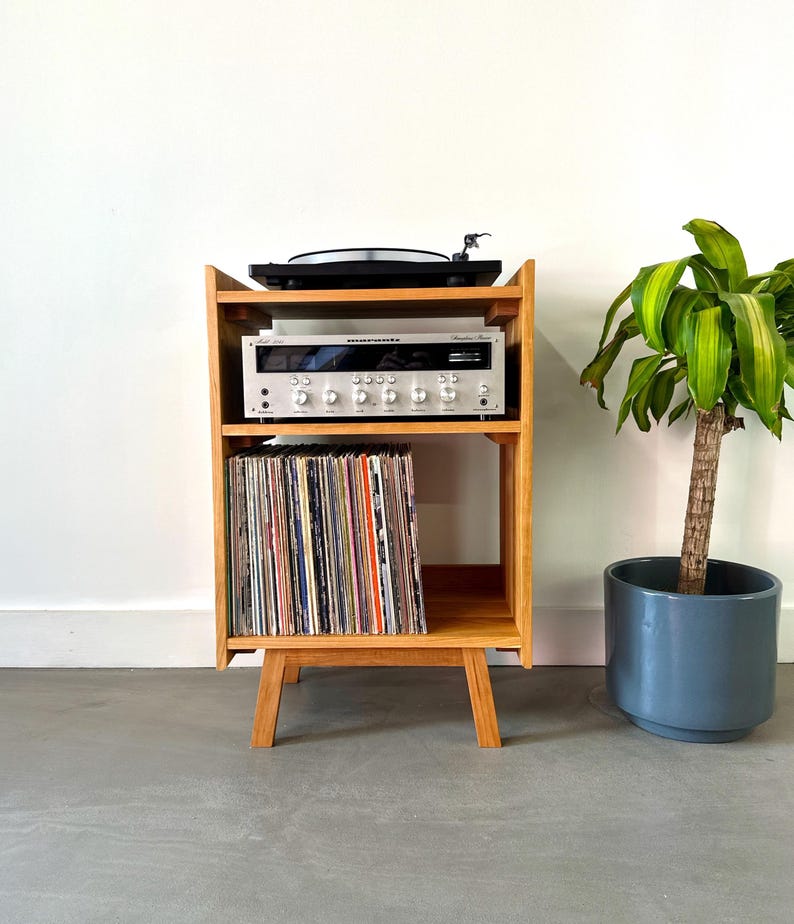 Solid Wood Record Player Stand with Vinyl Storage – Handmade Mid Century Modern Record Console extra image