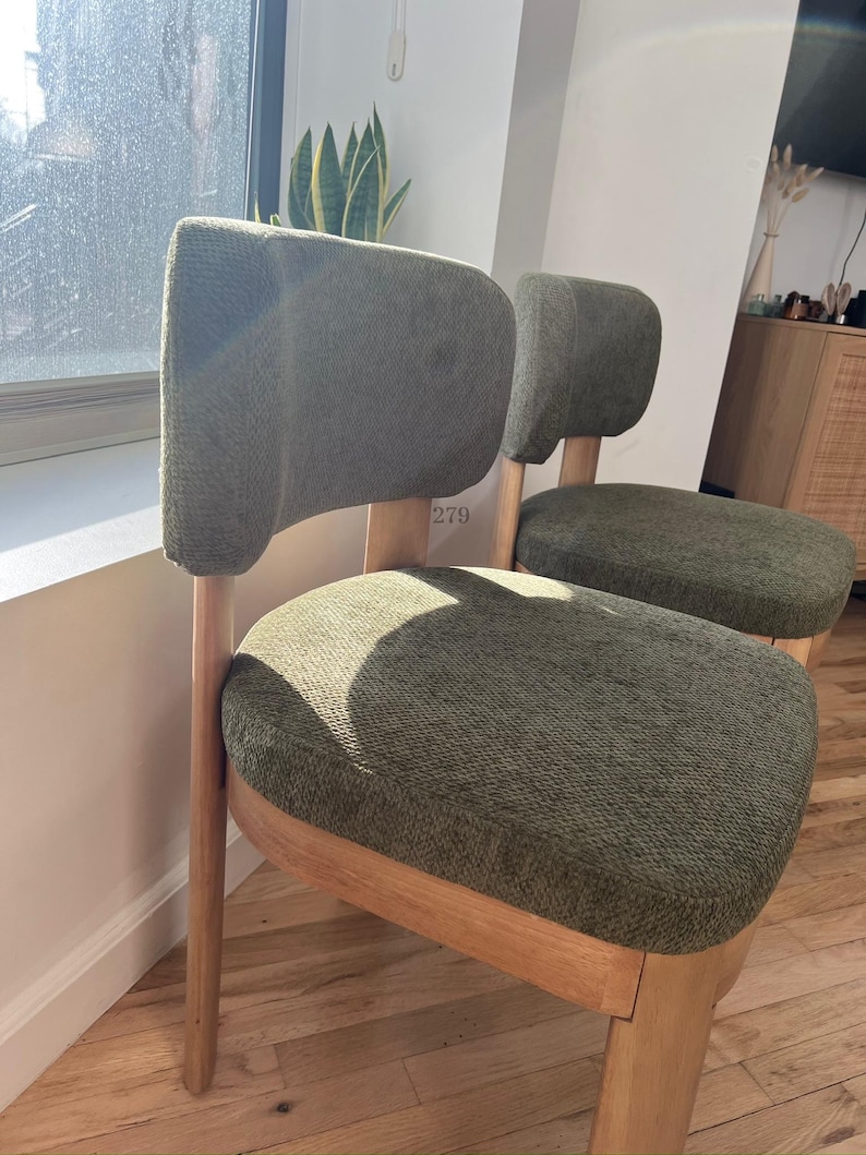 Set of 2 Mid-Century Modern Dining Chairs – Solid Wood Frame with Green Upholstery, Accent Chairs | AmazPromo