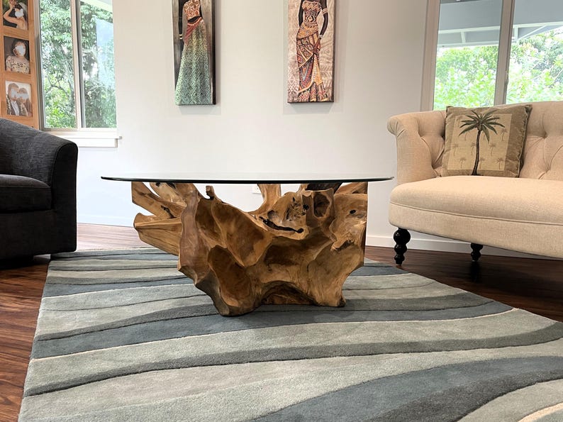 Teak Root Coffee Table with Round Glass Top | Rustic Live Edge Wood Coffee Table | Handmade Natural | AmazPromo
