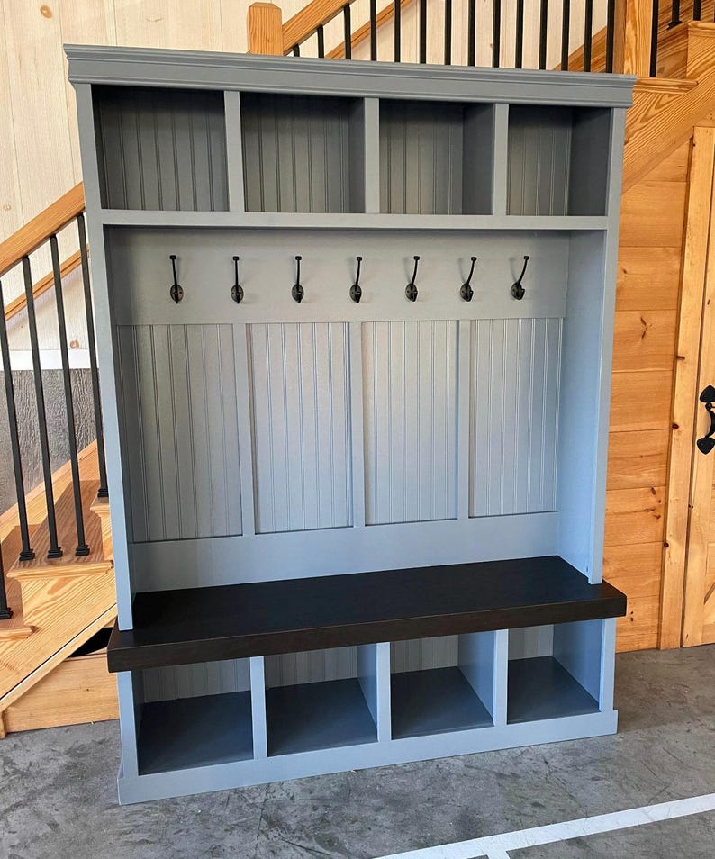 Custom Farmhouse Mudroom Locker with Bench & Storage | Solid Wood Entryway Hall Tree with Hooks | AmazPromo