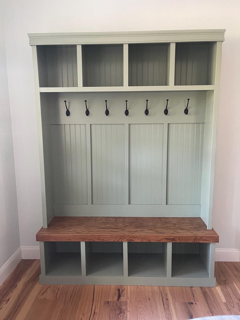 Custom Farmhouse Mudroom Locker with Bench & Storage | Solid Wood Entryway Hall Tree with Hooks | AmazPromo