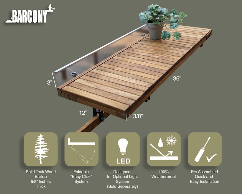 Foldable Teak Balcony Bar Table – Space Saving Railing Bartop for Patio, Deck & Small Outdoor Spaces extra image