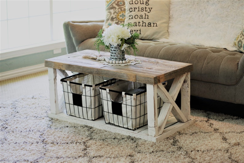 Rustic Farmhouse X Leg Coffee Table with Storage Shelf | Reclaimed Wood Living Room Center Table | AmazPromo