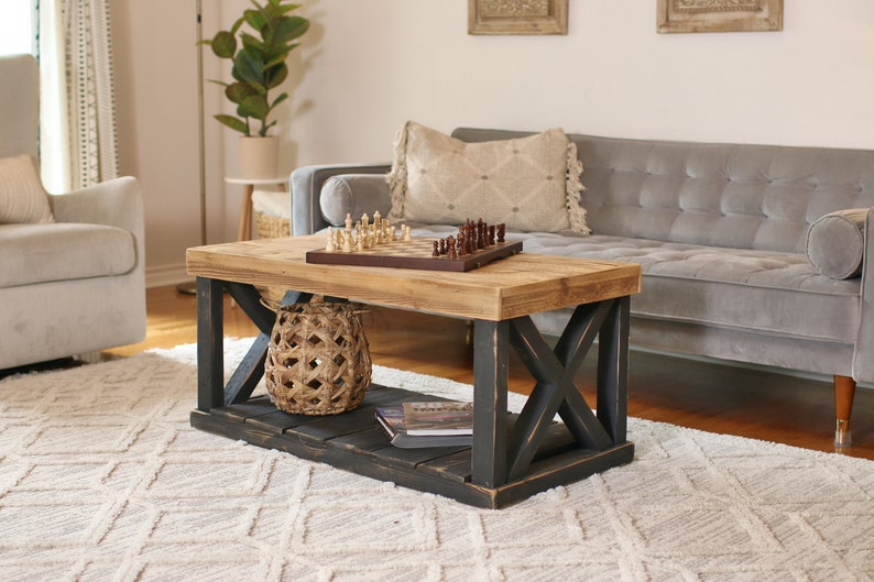 Rustic Farmhouse X Leg Coffee Table with Storage Shelf | Reclaimed Wood Living Room Center Table | AmazPromo