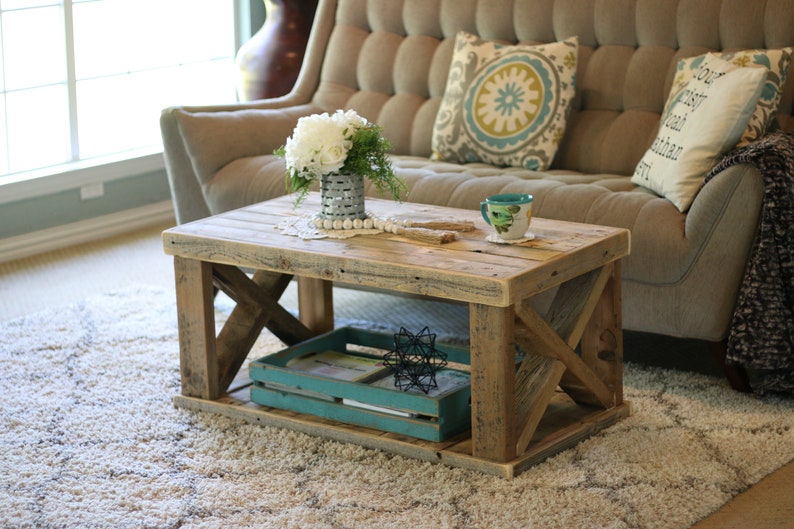 Rustic Farmhouse X Leg Coffee Table with Storage Shelf | Reclaimed Wood Living Room Center Table | AmazPromo