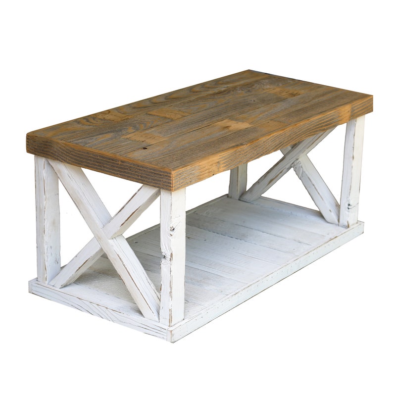 Rustic Farmhouse X Leg Coffee Table with Storage Shelf | Reclaimed Wood Living Room Center Table extra image