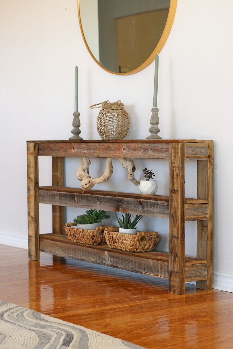 60" Rustic Reclaimed Wood Console Table | Three-Tier Entryway Table | Farmhouse Sofa Table with Shel | AmazPromo