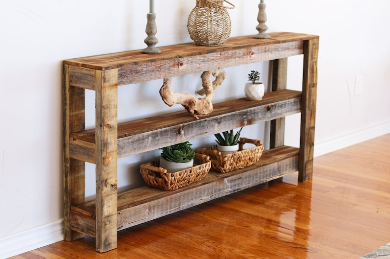 60" Rustic Reclaimed Wood Console Table | Three-Tier Entryway Table | Farmhouse Sofa Table with Shel | AmazPromo