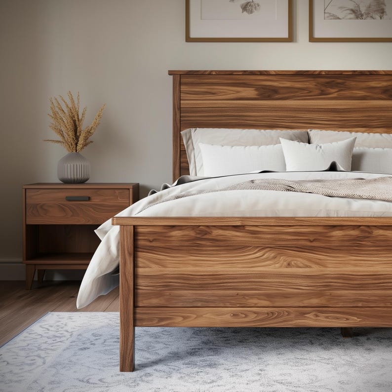 Solid Walnut Bed Frame with Headboard – Handcrafted Modern Wooden Platform Bed, Custom Sizes, Luxury | AmazPromo