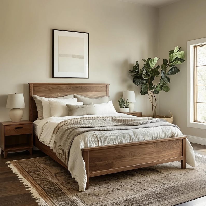 Solid Walnut Bed Frame with Headboard – Handcrafted Modern Wooden Platform Bed, Custom Sizes, Luxury | AmazPromo