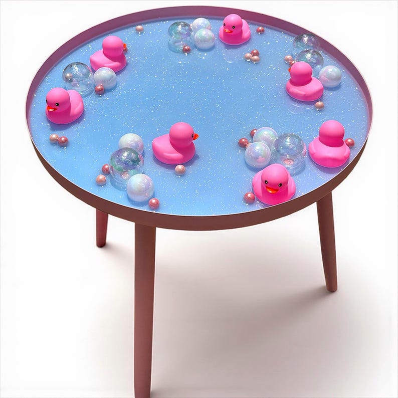 Rubber Duck Resin Side Table – Handmade Dopamine Decor, Iridescent Bubble Accent Table, Pink Retro K | AmazPromo