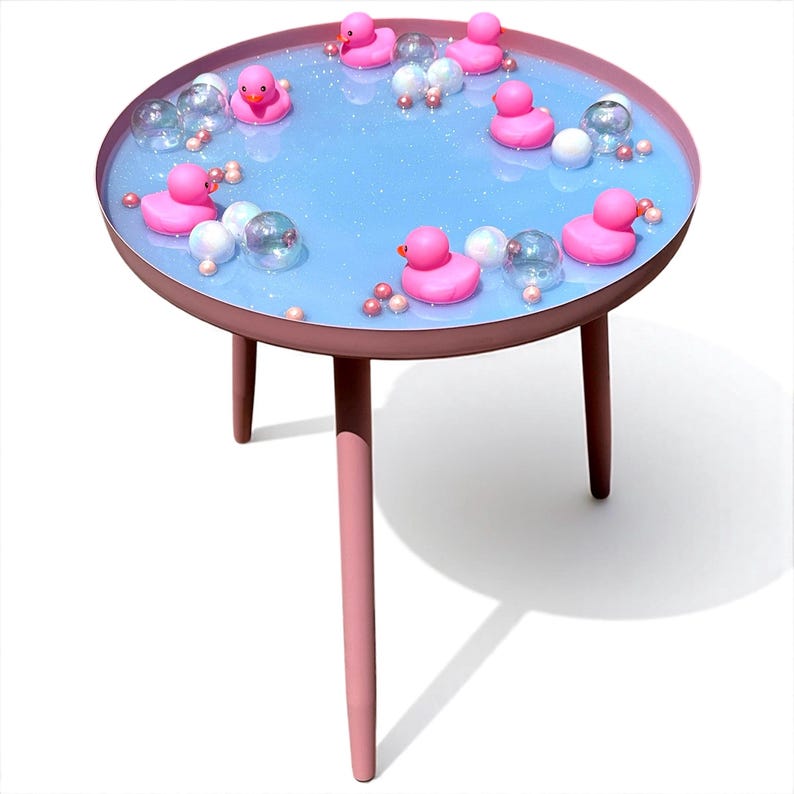 Rubber Duck Resin Side Table – Handmade Dopamine Decor, Iridescent Bubble Accent Table, Pink Retro K | AmazPromo