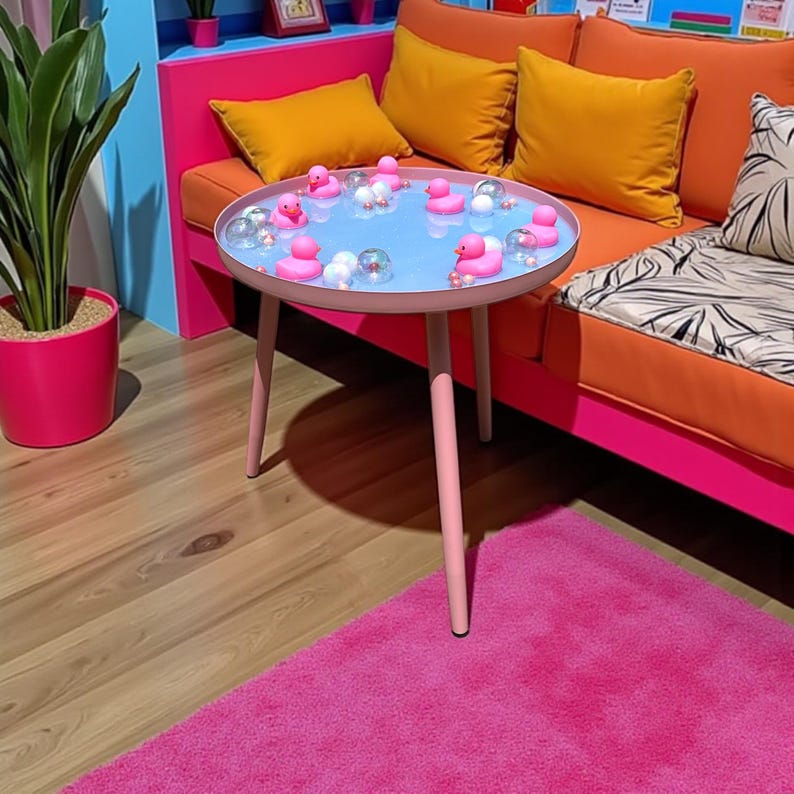 Rubber Duck Resin Side Table – Handmade Dopamine Decor, Iridescent Bubble Accent Table, Pink Retro K | AmazPromo