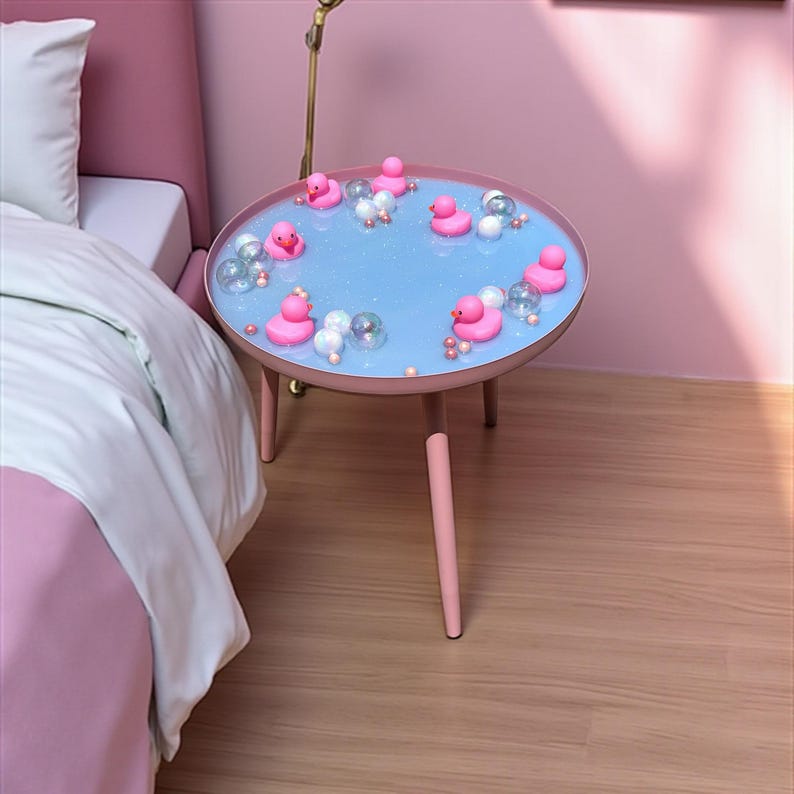 Rubber Duck Resin Side Table – Handmade Dopamine Decor, Iridescent Bubble Accent Table, Pink Retro K extra image