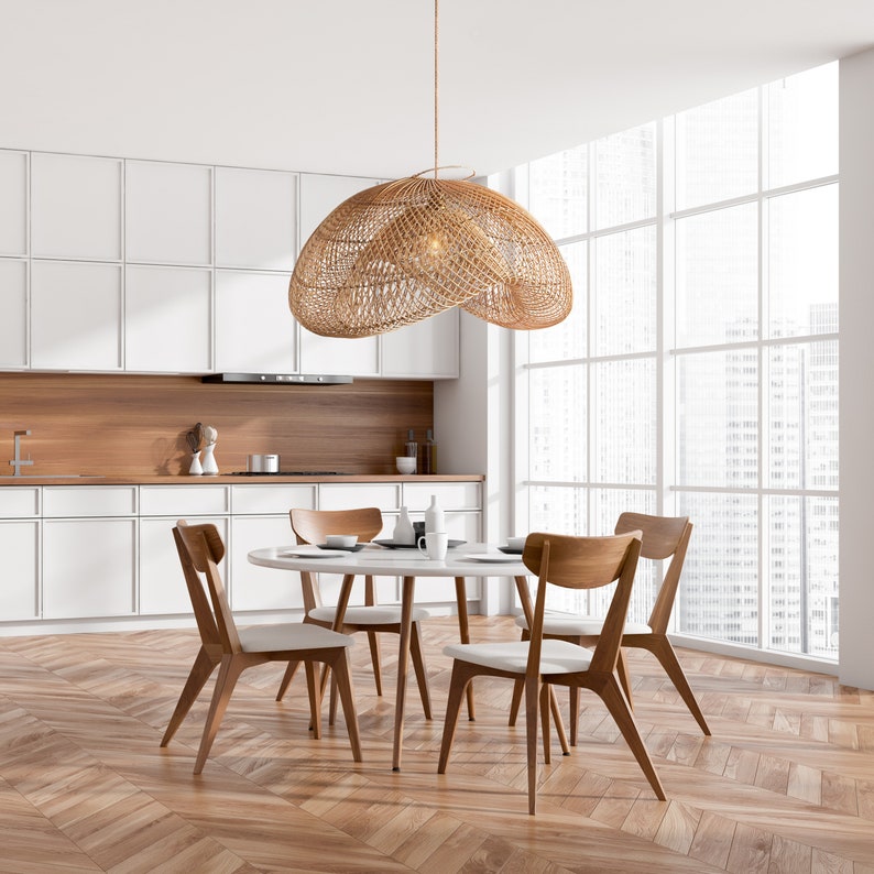 Boho Rattan Pendant Light | Handwoven Bamboo Lampshade for Dining Room, Kitchen Island & Bedroom | AmazPromo