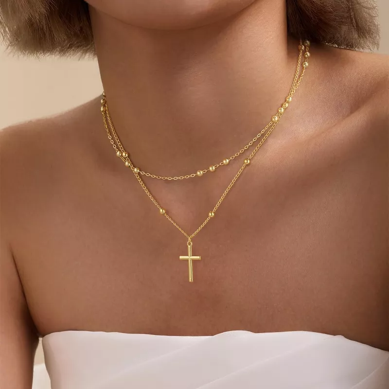 Dainty Layered Cross Necklace for Women & Teens – Adjustable 14K Gold Plated & Sterling Silver Choke | AmazPromo