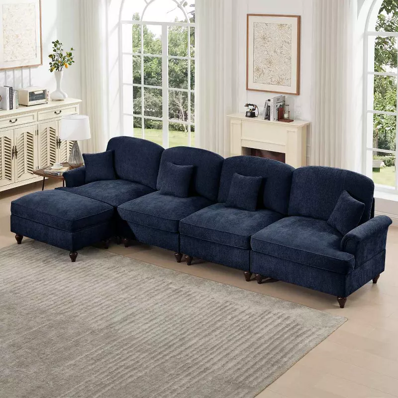 Coolbibila L-Shaped Chenille Sectional Sofa with Ottoman – 4-Seater Modular Sofa with Flared Arms | AmazPromo