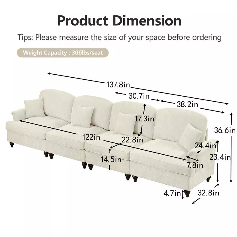 Coolbibila Modular Mid-Century Chenille Sofa with Removable Skirt – 4-Seater Flared Arm Couch for St extra image