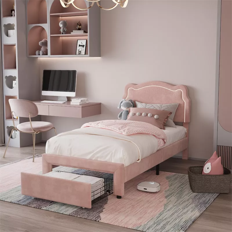DreamGlow Twin Upholstered Princess Bed Frame with LED Headboard, Velvet Platform Bed | AmazPromo