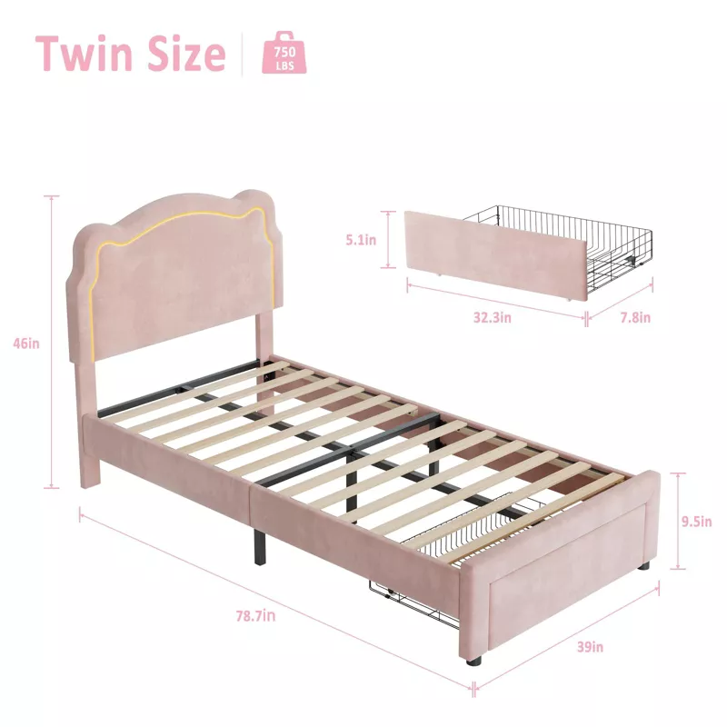 DreamGlow Twin Upholstered Princess Bed Frame with LED Headboard, Velvet Platform Bed | AmazPromo