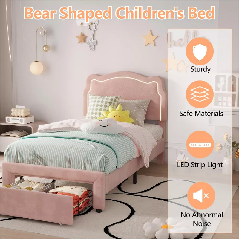 DreamGlow Twin Upholstered Princess Bed Frame with LED Headboard, Velvet Platform Bed | AmazPromo