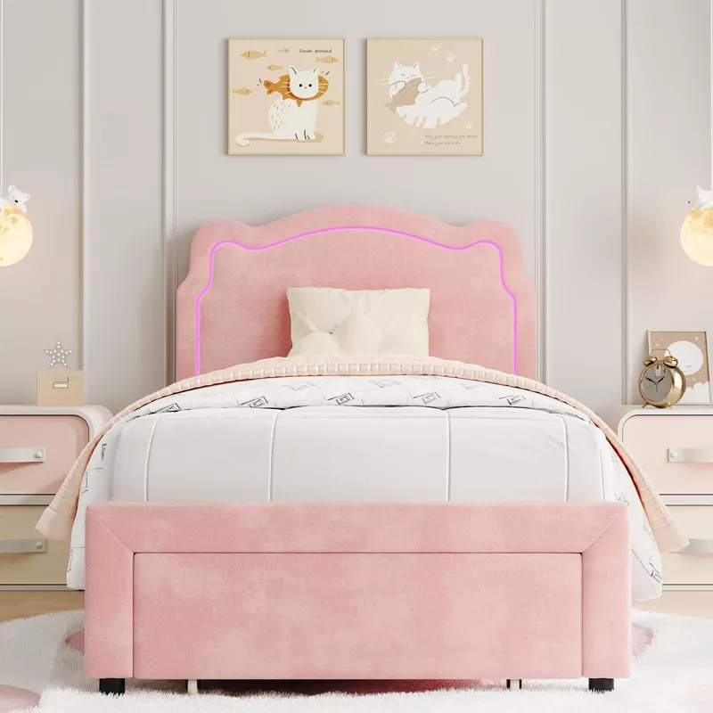 DreamGlow Twin Upholstered Princess Bed Frame with LED Headboard, Velvet Platform Bed extra image