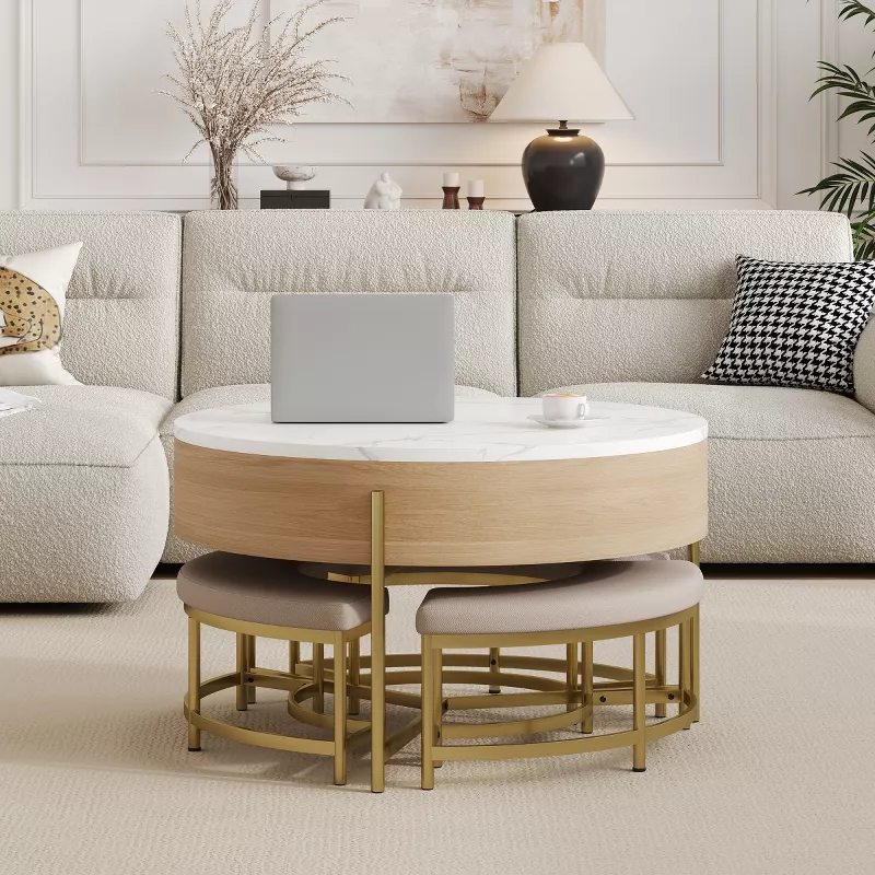 Baofuwish Round Lift Top Coffee Table with Storage & 3 Nesting Ottomans, Hydraulic Lift Multifunctio | AmazPromo