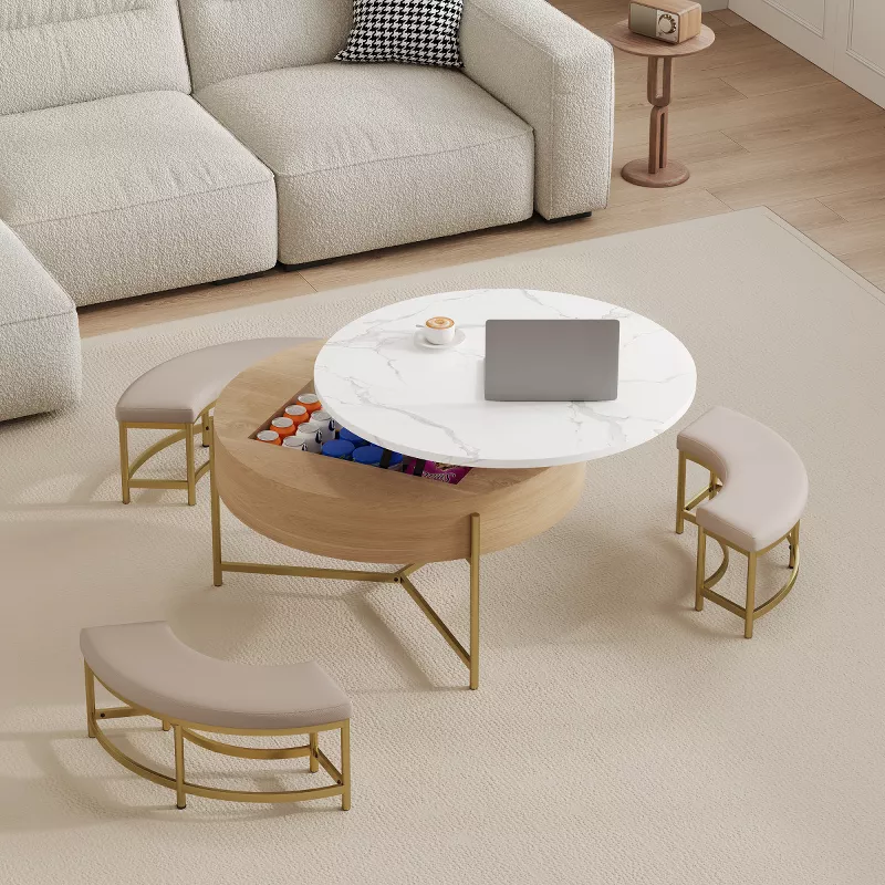 Baofuwish Round Lift Top Coffee Table with Storage & 3 Nesting Ottomans, Hydraulic Lift Multifunctio | AmazPromo