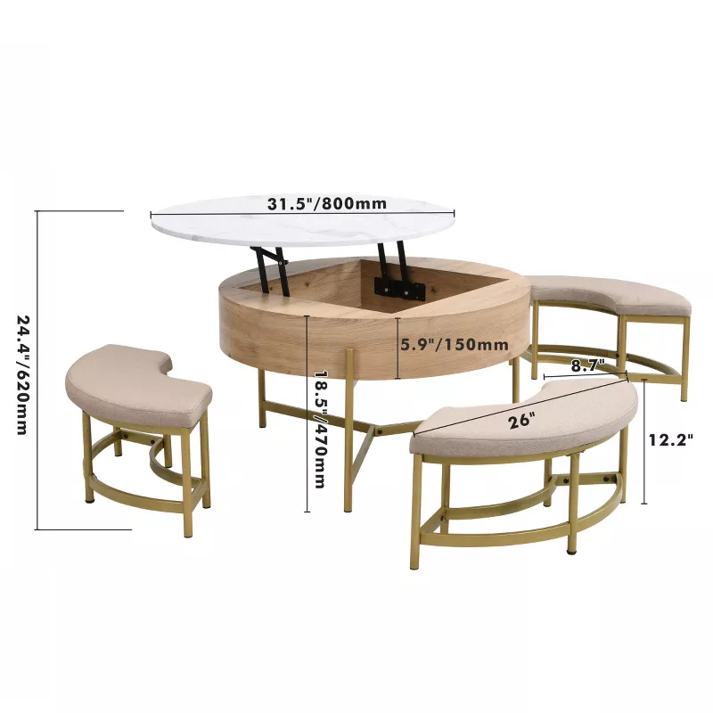 Baofuwish Round Lift Top Coffee Table with Storage & 3 Nesting Ottomans, Hydraulic Lift Multifunctio extra image