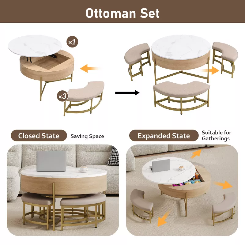 Baofuwish Round Lift Top Coffee Table with Storage & 3 Nesting Ottomans, Hydraulic Lift Multifunctio extra image