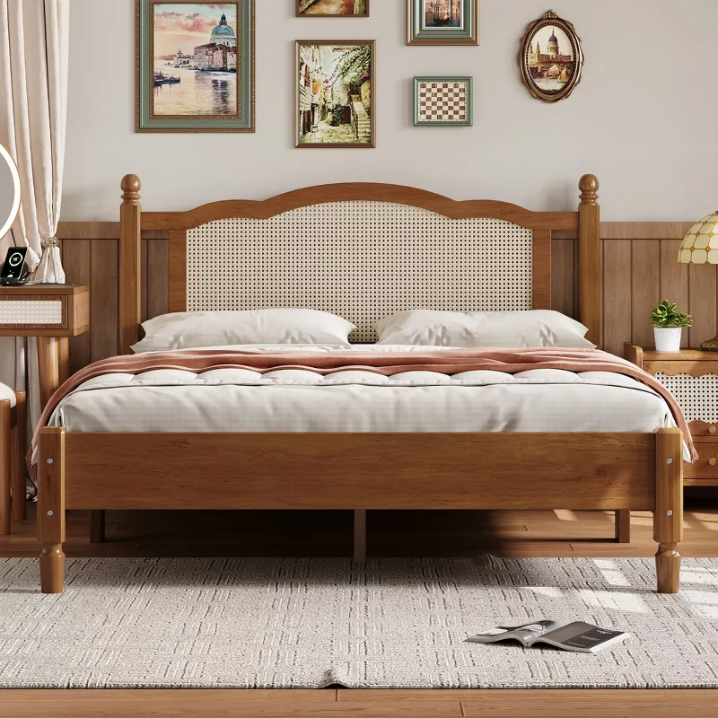Baofuwish Queen Platform Bed Frame with Handwoven Rattan Headboard, Solid Wood Slat Support, Minimal | AmazPromo