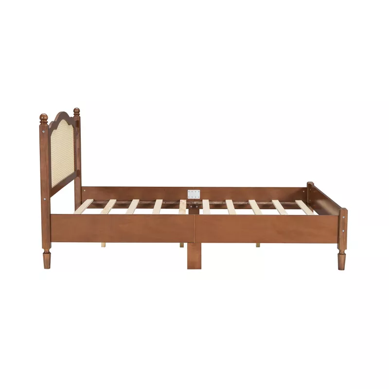 Baofuwish Queen Platform Bed Frame with Handwoven Rattan Headboard, Solid Wood Slat Support, Minimal | AmazPromo