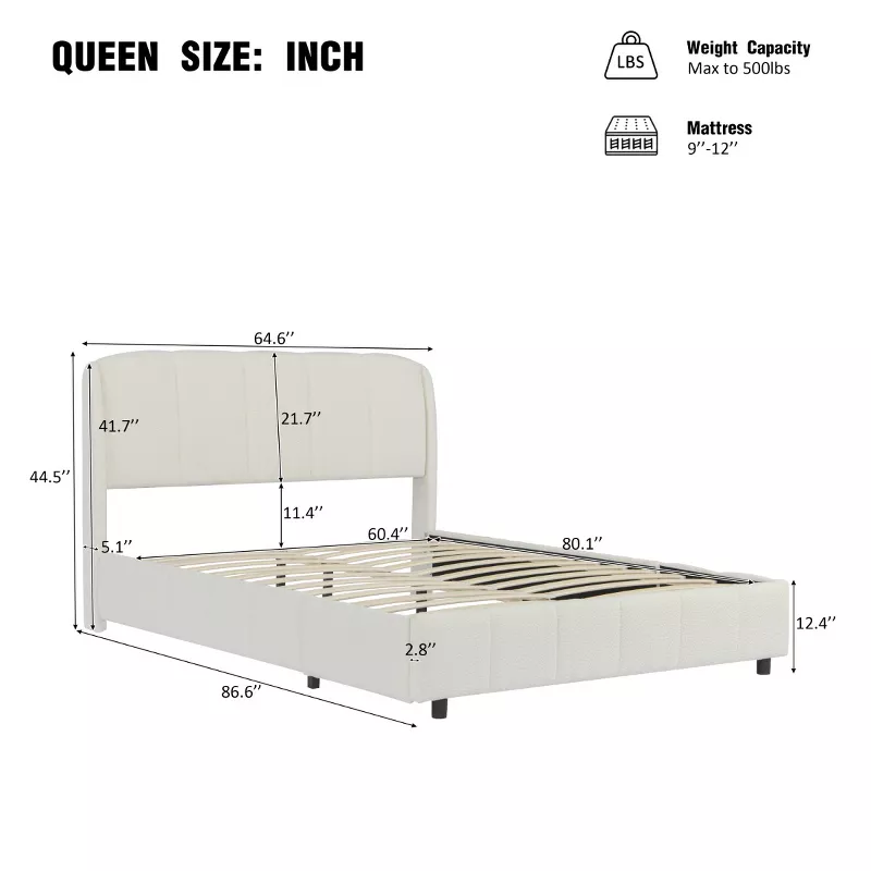 Baofuwish Boucle Upholstered Platform Bed Queen Size with Curved Headboard, Modern Fabric Frame Bed extra image