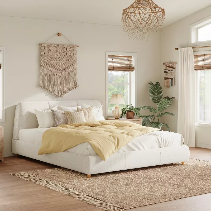 Baofuwish Queen Upholstered Platform Bed Frame with Linen Fabric Headboard, Solid Wood Legs & Sturdy | AmazPromo