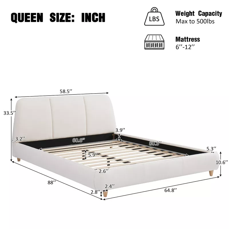 Baofuwish Queen Upholstered Platform Bed Frame with Linen Fabric Headboard, Solid Wood Legs & Sturdy extra image